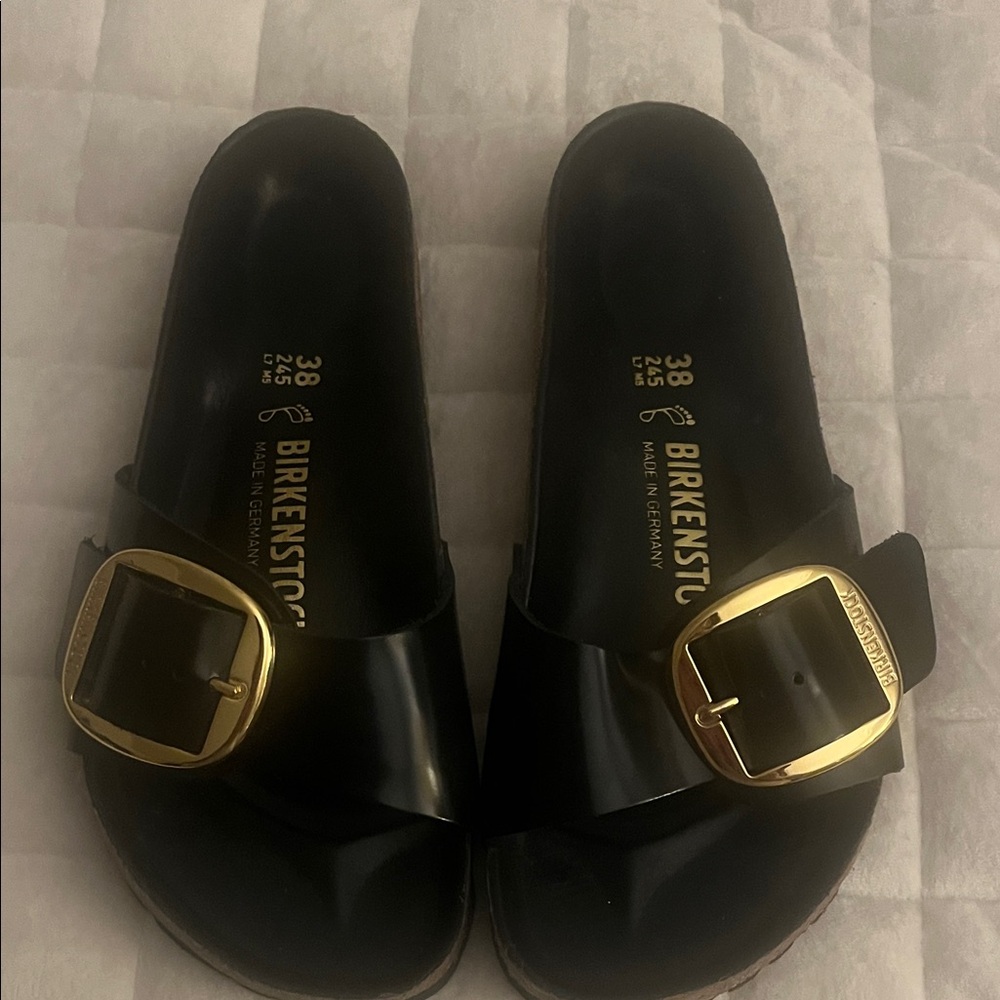 Birkenstock Black Madrid Slides with Gold Big Buckle